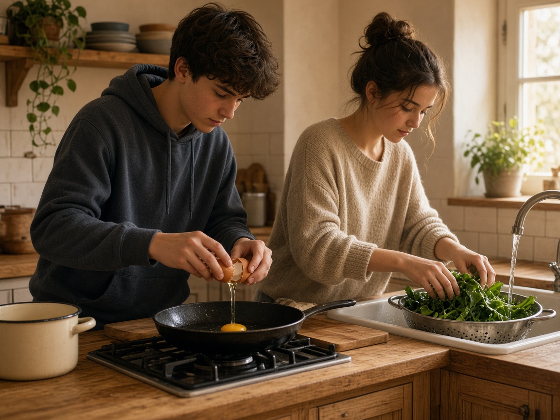 Two teenagers cooking eggs and greens in a home kitchen