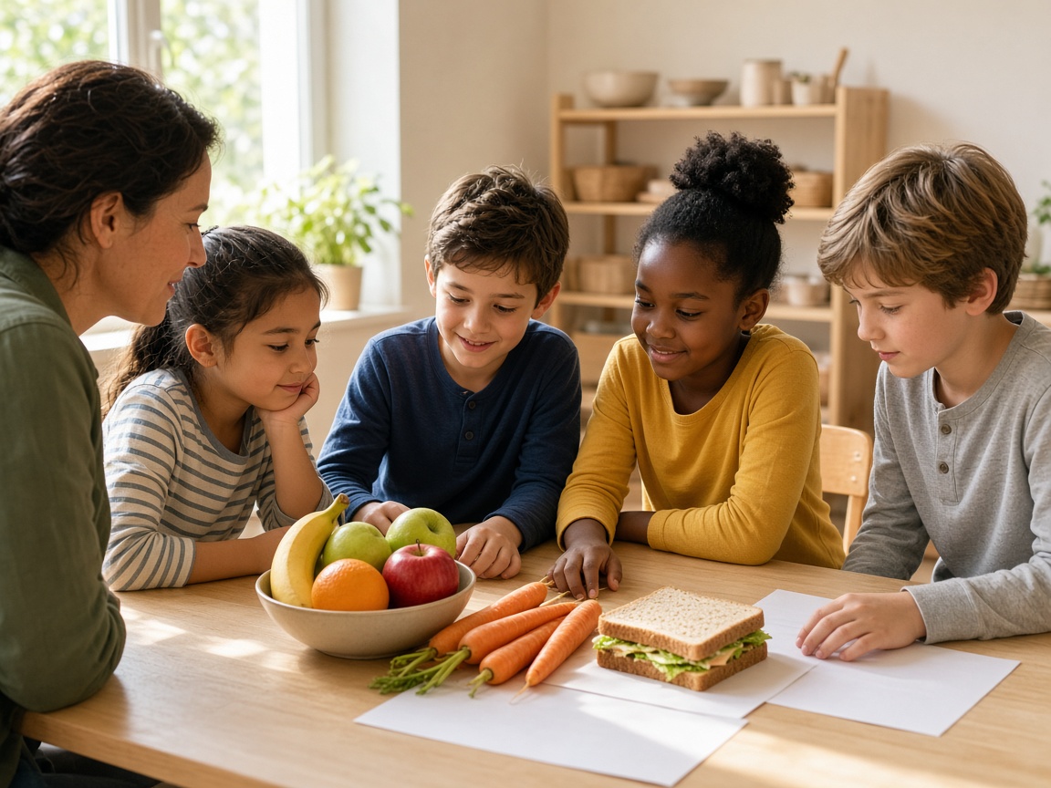 A teacher and elementary students looking at fruit, carrots, and a sandwich